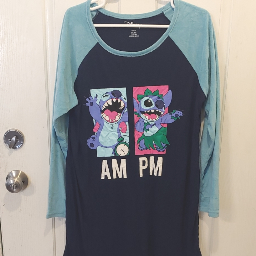 Disney Lilo & Stitch night gown shirt long soft sleeves AM PM size XL Blue